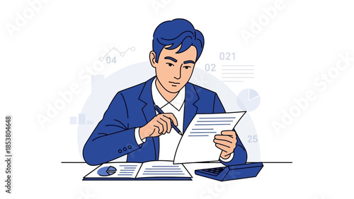 Businessman reviewing documents at a desk during a professional workday.