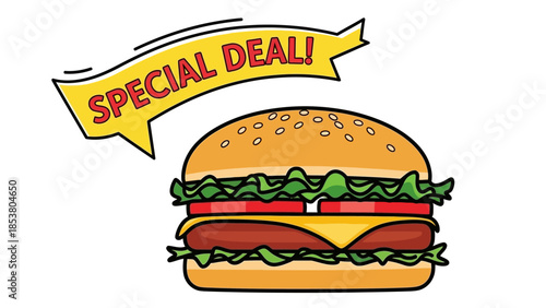 Cartoon Hamburger With Special Deal Banner Promoting Fast Food Meal.