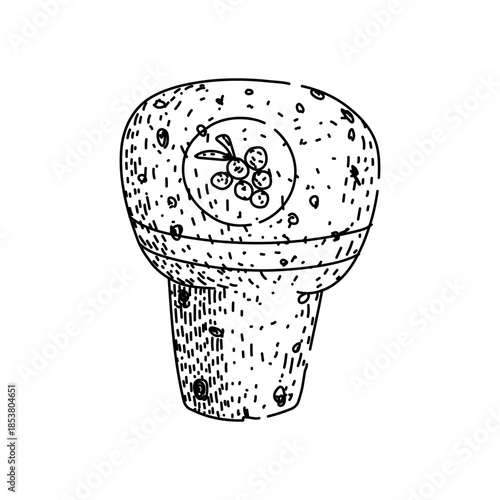 Wine cork stopper showcasing a detailed grape cluster on its top, depicting the essence of winemaking and classic beverage sealing in a stylized hand drawn illustration