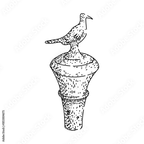 Decorative bird figurine perched on a vintage line art bottle stopper, hand drawn sketch of kitchen and bar accessory for wine, corks, dining and home decor designs