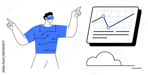 Individual wearing VR headset engaging with interactive graph interface with lines and data points. Ideal for technology, innovation, data analysis, VR, augmented reality, connectivity, futuristic