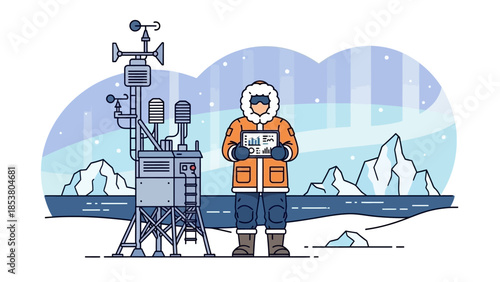 Cartoon Scientist in Arctic Lab Measuring Ice with Equipment for Climate Research.