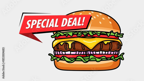 Deluxe cheeseburger with lettuce tomato onion and cheese on a sesame bun advertised with a Special Deal banner.
