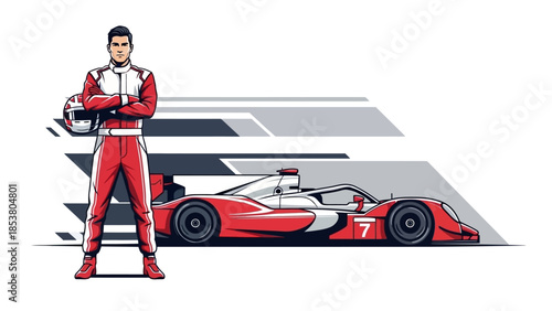 Professional race car driver stands beside a red Formula car.