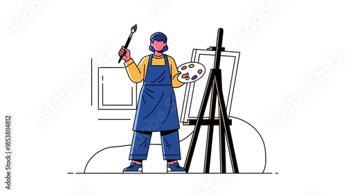 Cartoon Painter at Easel with Palette and Brush in Studio.