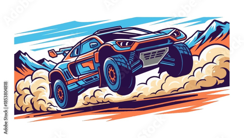 Blue off-road racing vehicle kicking up dirt and dust on rugged track.