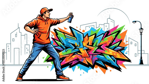 Urban graffiti artist spray painting colorful abstract mural in city landscape.