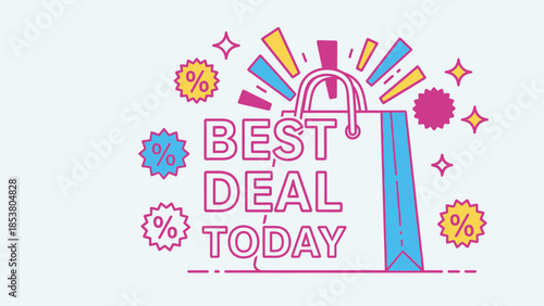 Vibrant colorful banner graphic announcing best deal today with festive shopping icons.