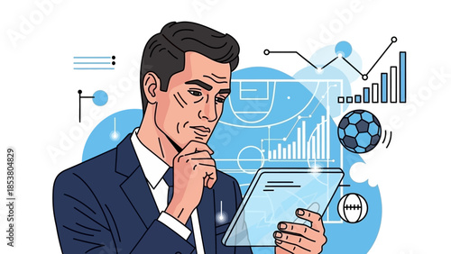 Business professional analyzes data, strategy insights, and digital trends on tablet and phone.