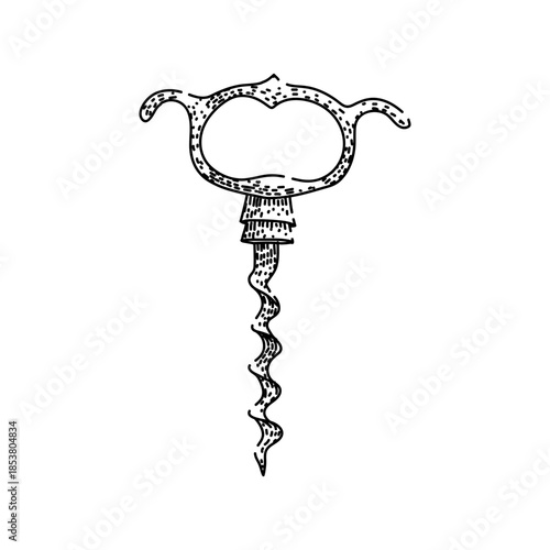 Vintage corkscrew illustration in detailed black and white line art, depicting a classic wine opener and celebratory barware motif for rustic, antique themed beverage design