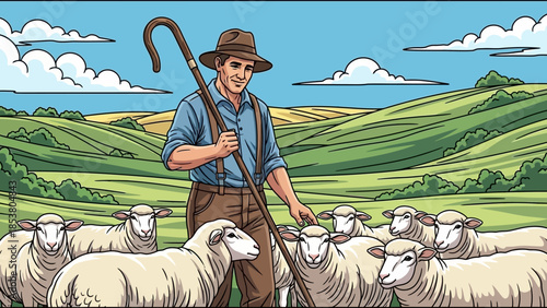 Pastoral farmer guiding a flock of sheep across rolling green hills in a bright countryside landscape.