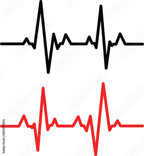 Black and red electrocardiogram heart rate line graphs on white background pulse