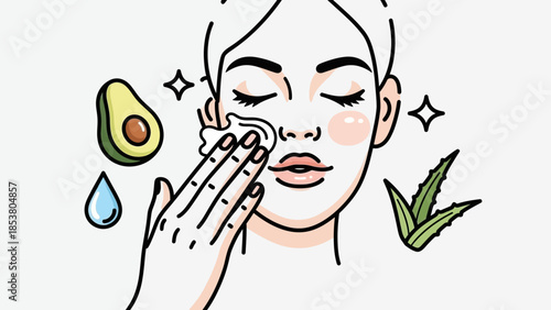 Woman applying skincare product with avocado and leaves in a clean illustration.