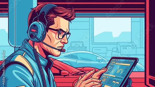 Illustration of a focused tech professional wearing headset and tablet in modern workspace.