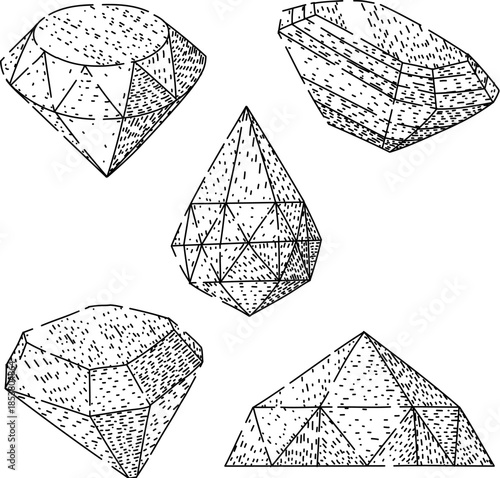 Illustrated precious stones in a graphic doodle style, presenting various faceted diamond shapes representing luxury, wealth, and elegance on a clean white background