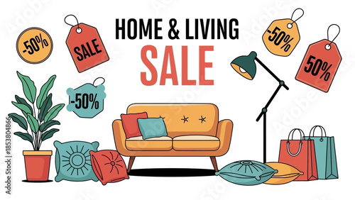 Cozy living room sale scene with furniture and decor in a bright, modern setup.