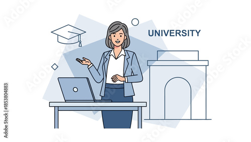 University Professor Giving a Lecture at a Desk with Laptop and Campus Building Behind.