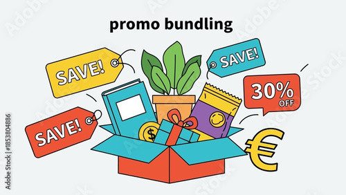 Colorful promo bundle illustration featuring gadgets, plants, and discount tags bursting from a gift box.