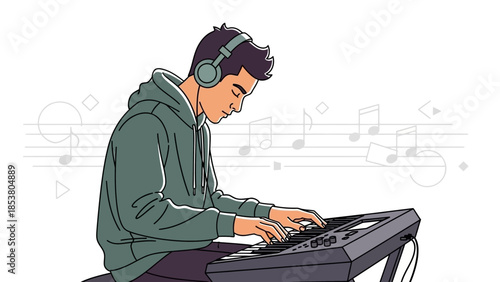 Young man playing keyboard indoors with musical notes in the background.