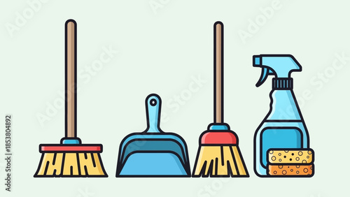 Set of cleaning tools including broom, dustpan, spray bottle, and sponge arranged for home housekeeping.