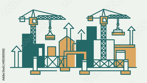 Industrial Construction Scene with Cranes, Scaffolding, and Active Buildings Under Development.