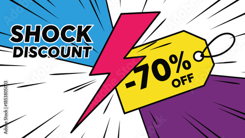 Vibrant comic style discount banner featuring a bold lightning bolt and off percentage in dynamic burst design.