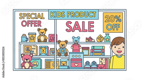 Colorful cartoon storefront advertising kids toys with sale banners and discounts.