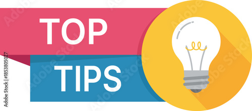 Pink and blue banner with white text Tips and yellow circle with light bulb idea