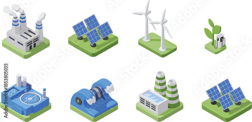 Isometric Energy Source Icons Set Featuring Solar Panels Wind Turbines Hydroelectric Power Plants Factories and Renewable Green Ecology Technology Infrastructure Elements