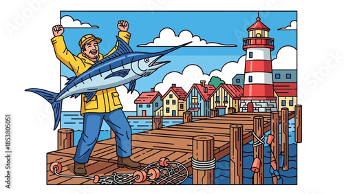Picturesque harbor scene featuring a fisherfolk on the dock with a giant fish near a red-and-white lighthouse and boats.