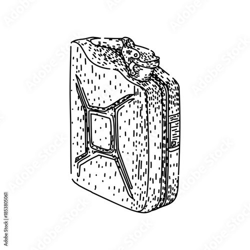 Steel jerrycan graphic offering portable emergency fuel supply for vehicles and engines highlighting the concept of energy resources and transportation