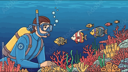 Colorful underwater scuba diver exploring coral reef with tropical fish.