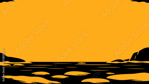 Illustration of a sunset over the ocean with silhouetted islands and reflections on the water surface