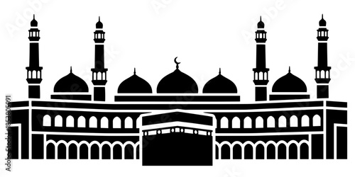 Black silhouette vector of Prophet's Mosque in Medina featuring iconic domes, minarets and arched colonnade. Perfect for Islamic design projects, religious materials.