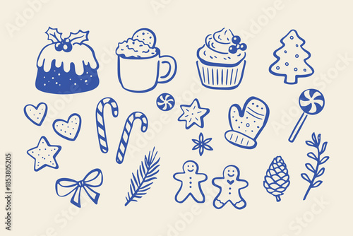 Christmas desserts and holiday doodle icons vector illustration