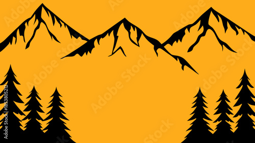 Illustration of three mountain peaks with jagged edges and five pine trees in the foreground landscape