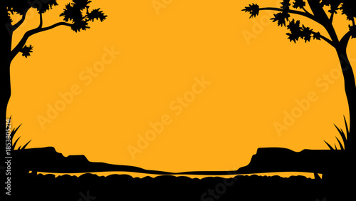 Silhouette landscape with trees and water under a yellow sky creating a peaceful nature scene view