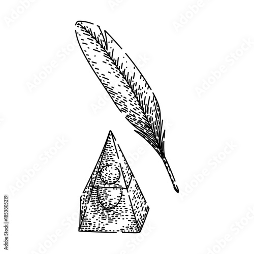 Quill pen and pyramid shaped inkwell for holding ink, illustrating ancient communication, education, storytelling, and the historical craft of writing