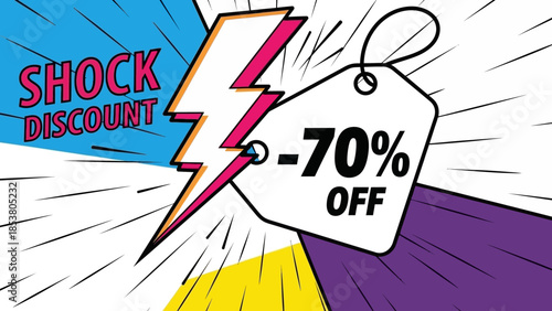 Bright retro illustrated banner announcing shock discount with -70% off tag and vibrant lightning motif.