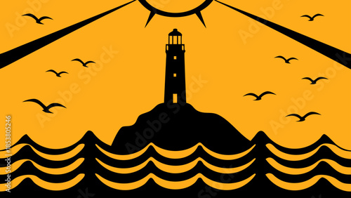 Silhouette of a lighthouse on a hill with birds flying above the sea under a shining sun design