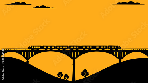 Silhouette of a train crossing a bridge with arches and trees against a yellow sky with dark clouds above