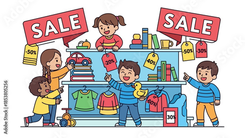 Cartoon shoppers enjoy a busy store sale with colorful clothing displays and happy customers.