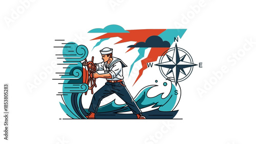 Animated adventurer at sea with compass, waves, and nautical banners.