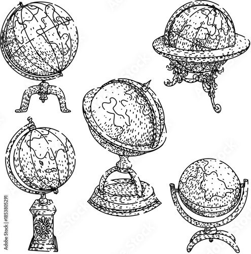 Hand drawn collection of antique earth globes, each with unique stands and details, illustrating concepts of travel, exploration, knowledge, and geographical study on a white background