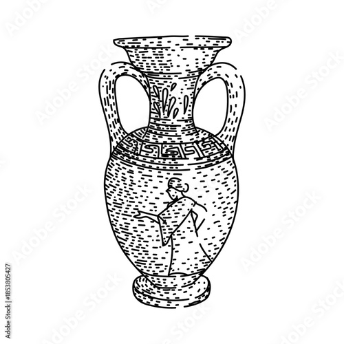 Ancient greek amphora presenting a classical mythological figure drawing on its surface, illustrating historical artistry and cultural heritage with decorative patterns