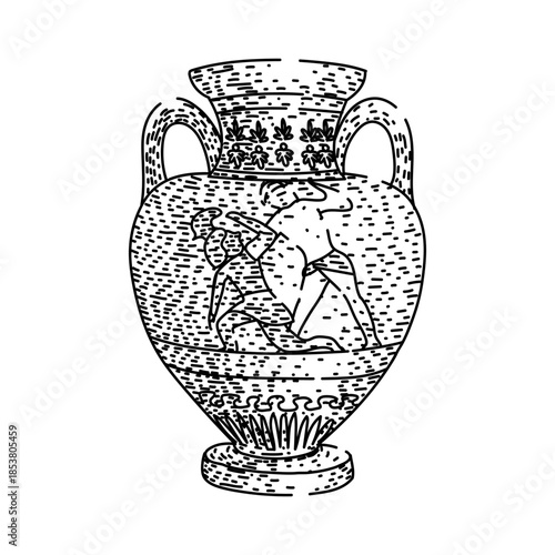 Ancient greek vase showcasing classical art with a detailed drawing of two men engaged in a wrestling match, a symbol of strength and athletic competition from the antique era