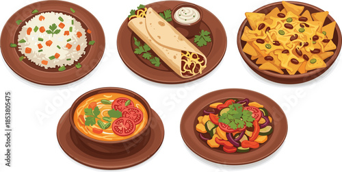 Mexican Food Collection Featuring Beef Burrito With Sauce Bowl Nachos With Beans Vegetable Soup Fried Rice and Healthy Sautéed Vegetables
