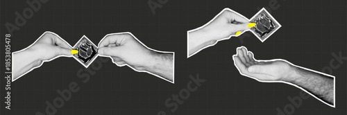 Male and female cutout hands holding a condom. Retro halftone stickers. Grunge collage with contraceptive
