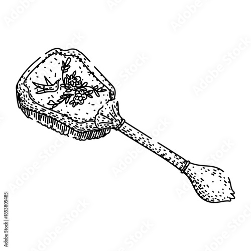 Vintage ornate hand drawn hairbrush illustration evoking classic feminine beauty and elegant grooming, detailed line art on white background, nostalgic vanity accessory