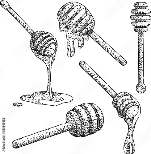 Collection of hand drawn honey dippers showing various stages of liquid honey dripping, collecting, and spreading, representing sweetness, natural food, and healthy eating concepts